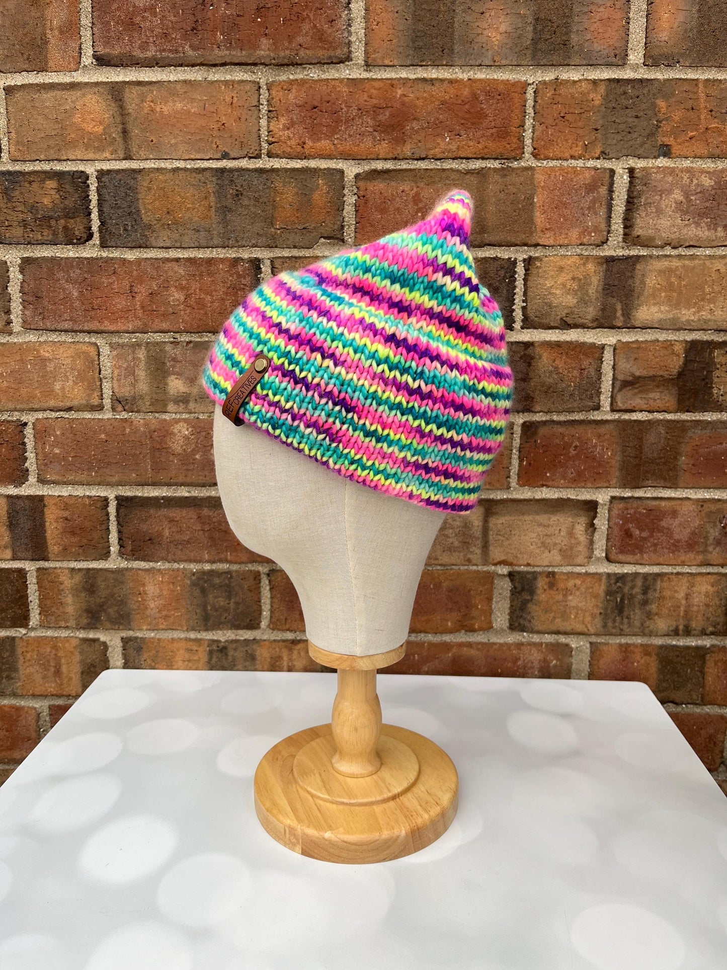 Luxury Rainbow Double Brim Merino Wool Beanie - Neon Striped Hand Knit Hat with Hand Dyed Yarn