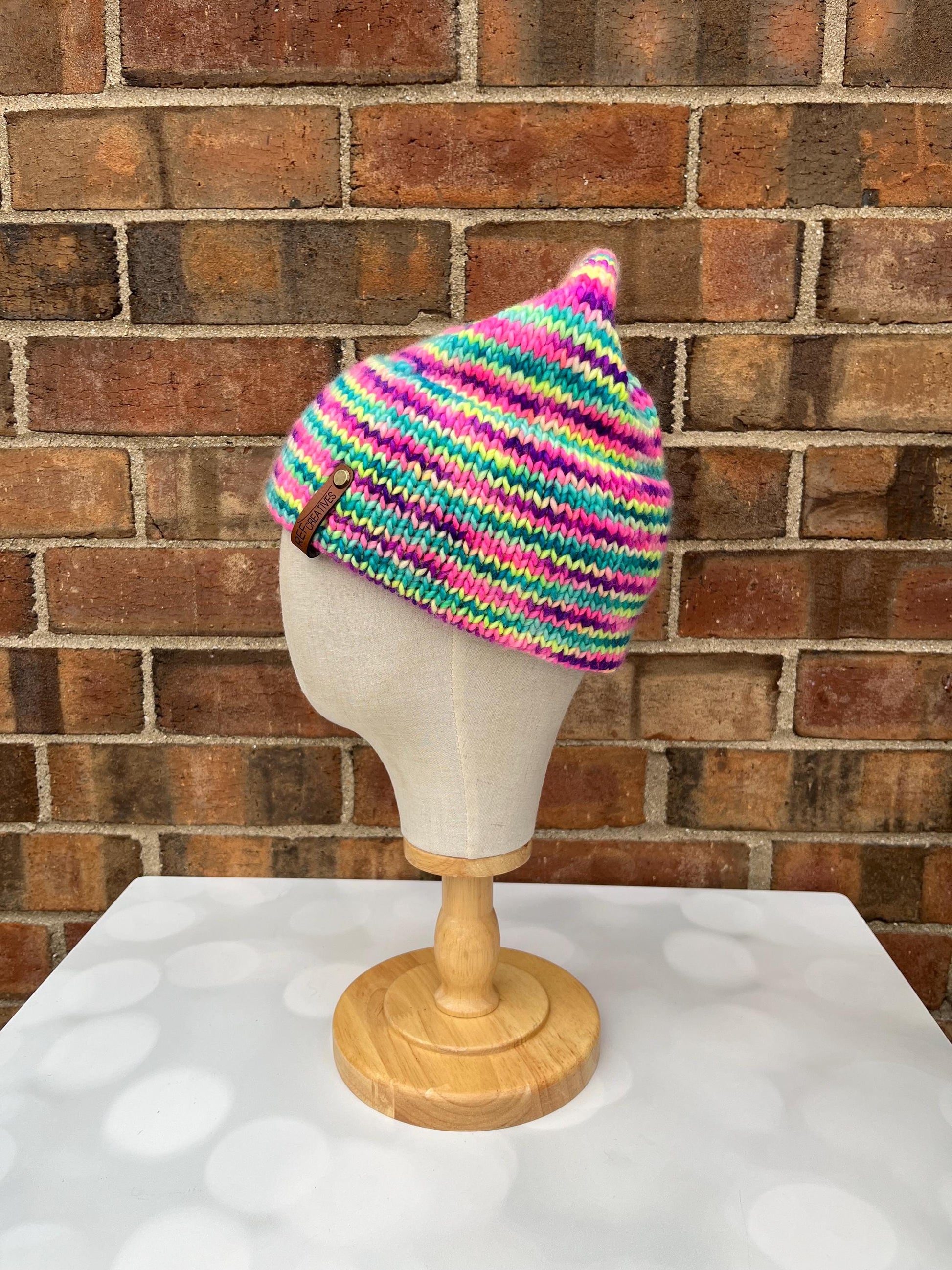 Luxury Rainbow Double Brim Merino Wool Beanie - Neon Striped Hand Knit Hat with Hand Dyed Yarn