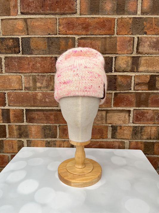 Luxury White and Pink Double Brim Merino Wool Beanie - Fuzzy Pink Speckled Hand Knit Hat with Hand Dyed Yarn