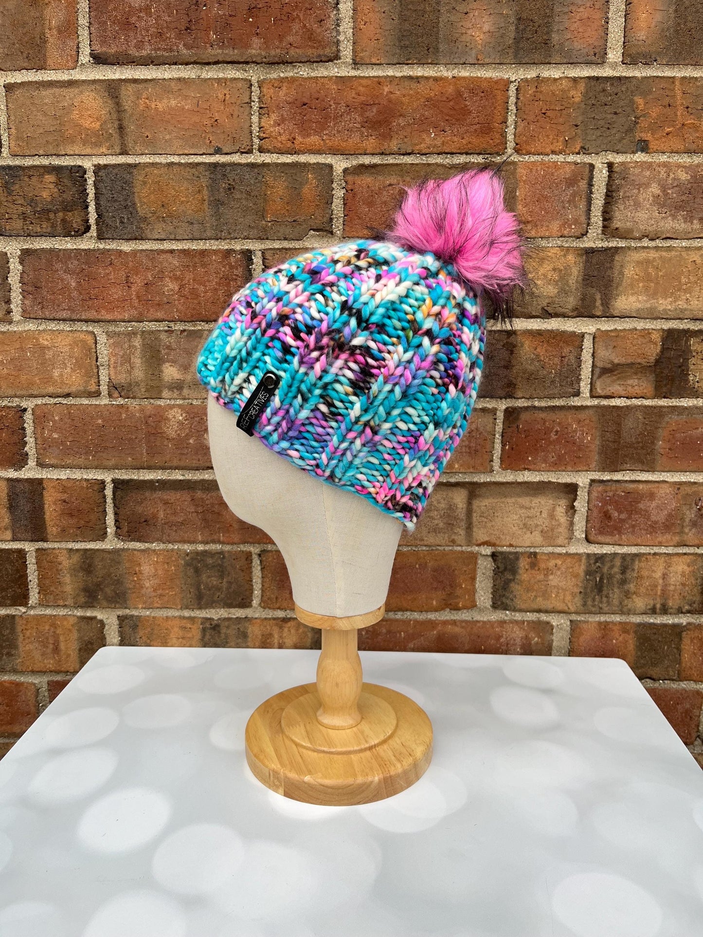 Luxury Blue Pink Merino Wool Knit Hat - Lollipop Swirl Classic Beanie Hand Knit Hat with Hand Dyed Yarn