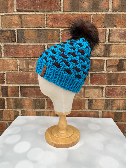 Luxury Cyan Brown Merino Wool Knit Hat - Java Blue Lotus Flower Beanie Hand Knit Hat with Hand Dyed Yarn