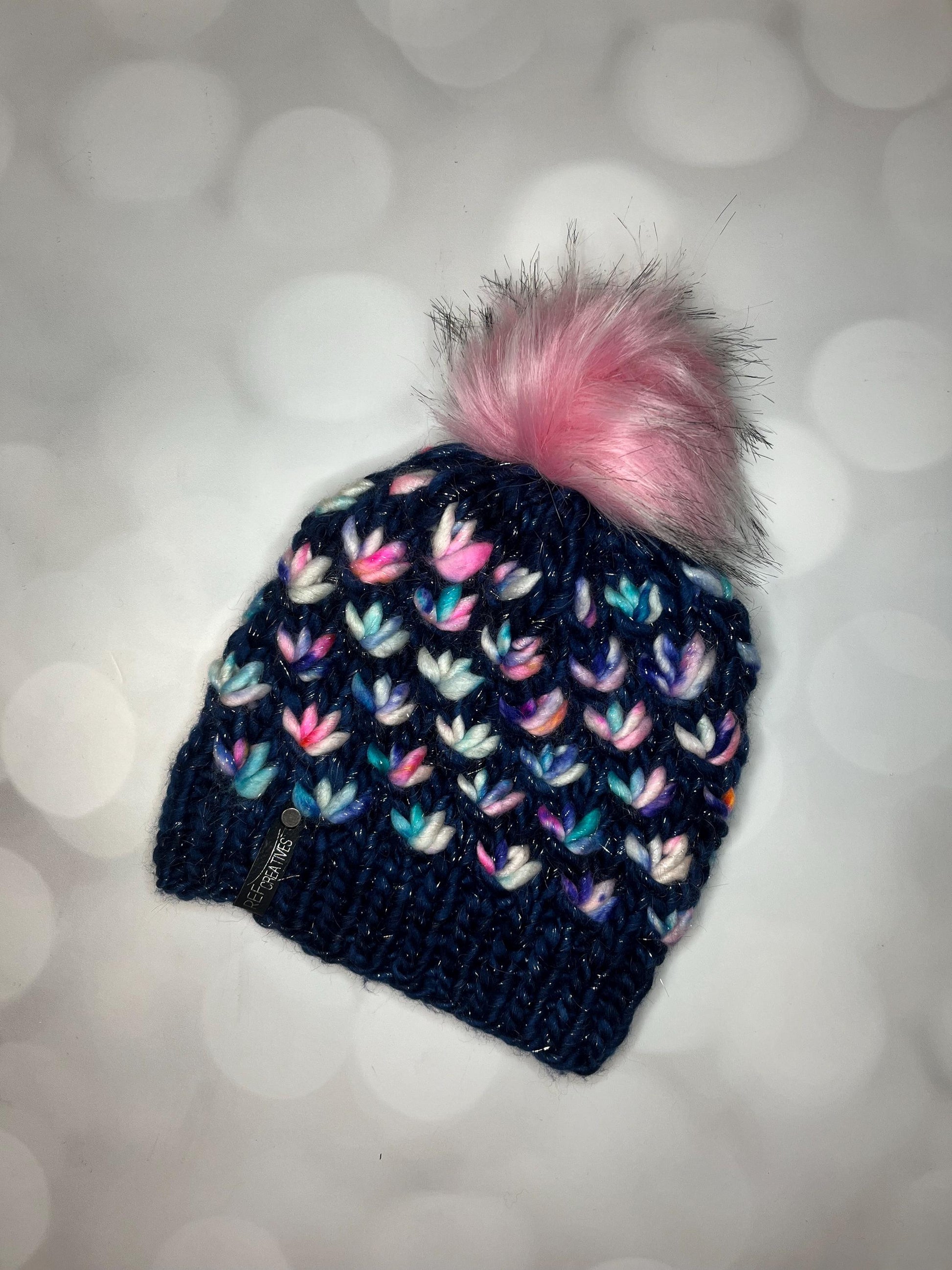 Luxury Blue Sparkle Merino Wool Knit Hat - Navy Pink Glitter Lotus Flower Beanie Hand Knit Hat with Hand Dyed Yarn