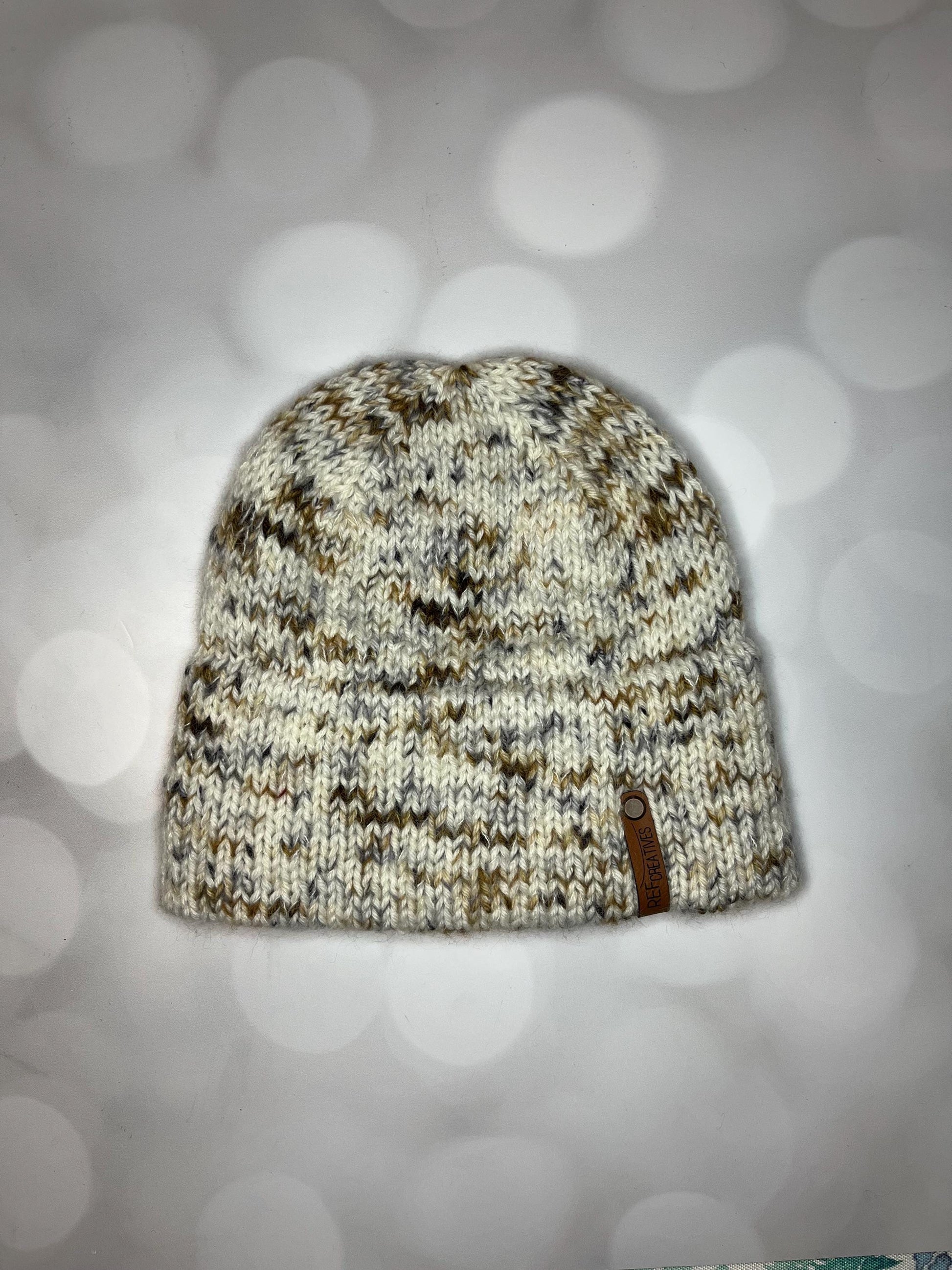 Luxury Neutral Double Brim Merino Wool Beanie - Fuzzy Brown Black Speckled Hand Knit Hat with Hand Dyed Yarn