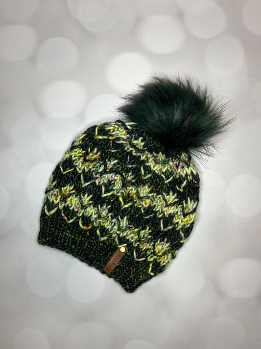 Luxury Green Striped Merino Wool Knit Beanie - Pomona Hand Knit Hat with Hand Dyed Yarn