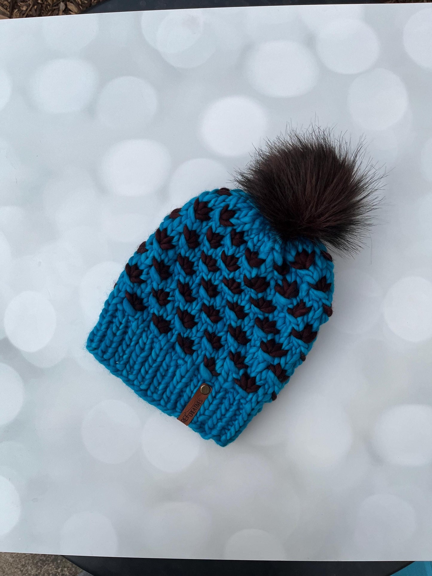 Luxury Cyan Brown Merino Wool Knit Hat - Java Blue Lotus Flower Beanie Hand Knit Hat with Hand Dyed Yarn
