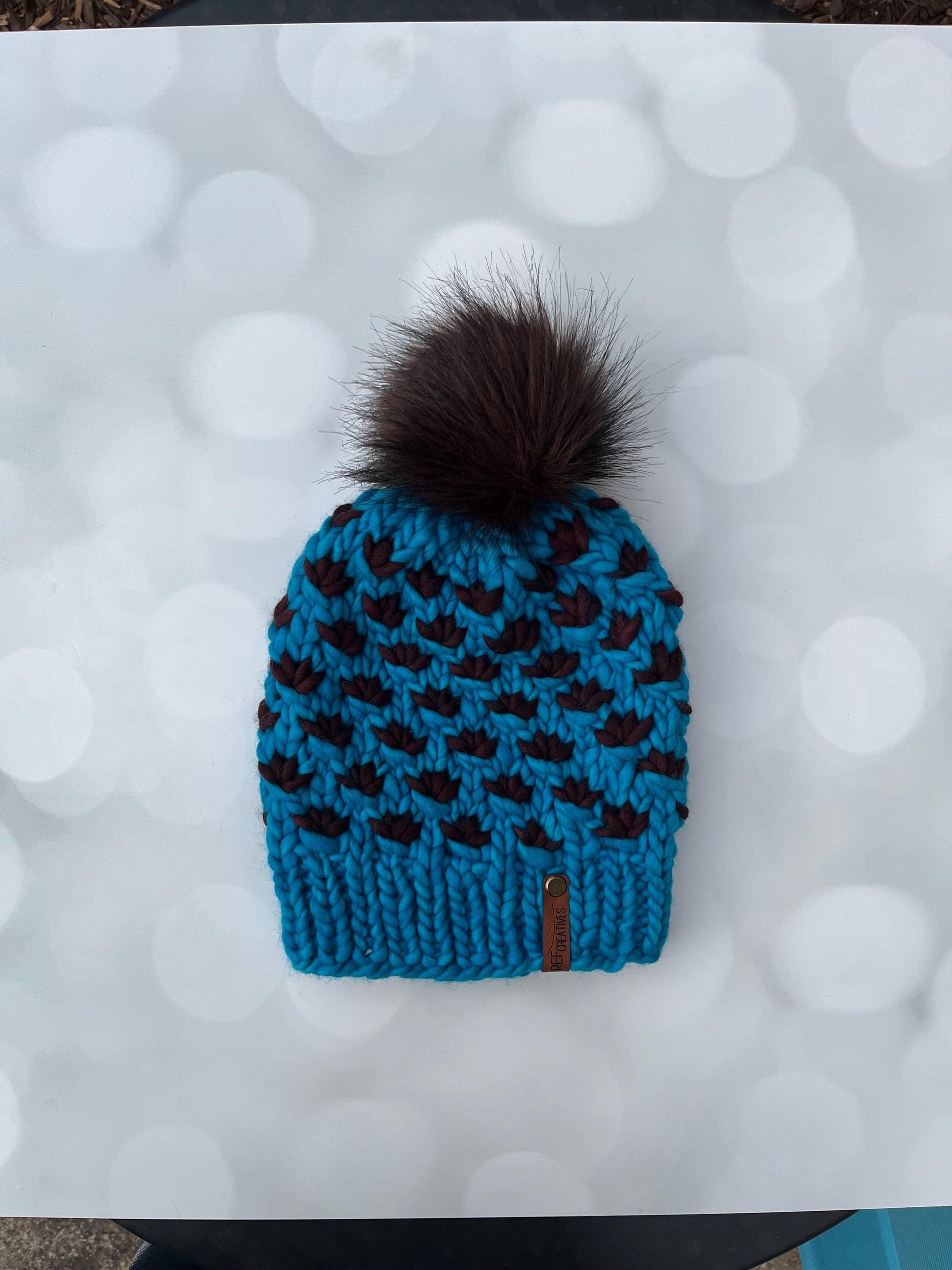 Luxury Cyan Brown Merino Wool Knit Hat - Java Blue Lotus Flower Beanie Hand Knit Hat with Hand Dyed Yarn