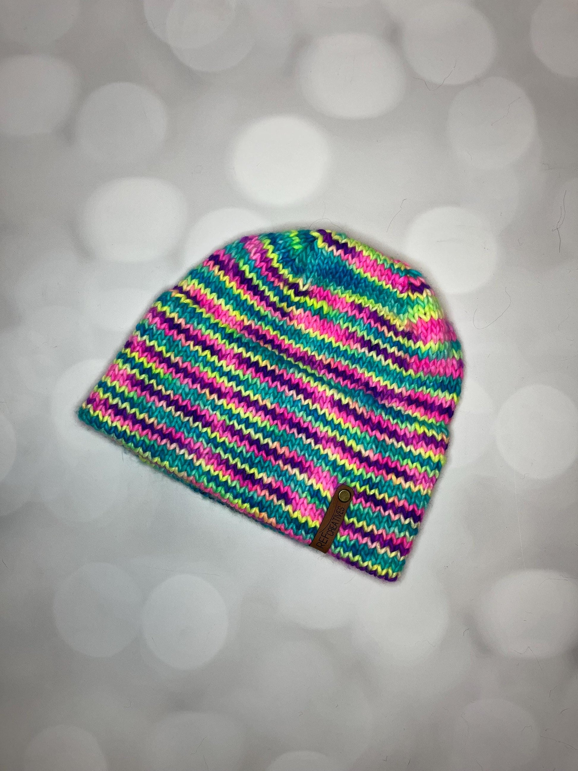 Luxury Rainbow Double Brim Merino Wool Beanie - Neon Striped Hand Knit Hat with Hand Dyed Yarn