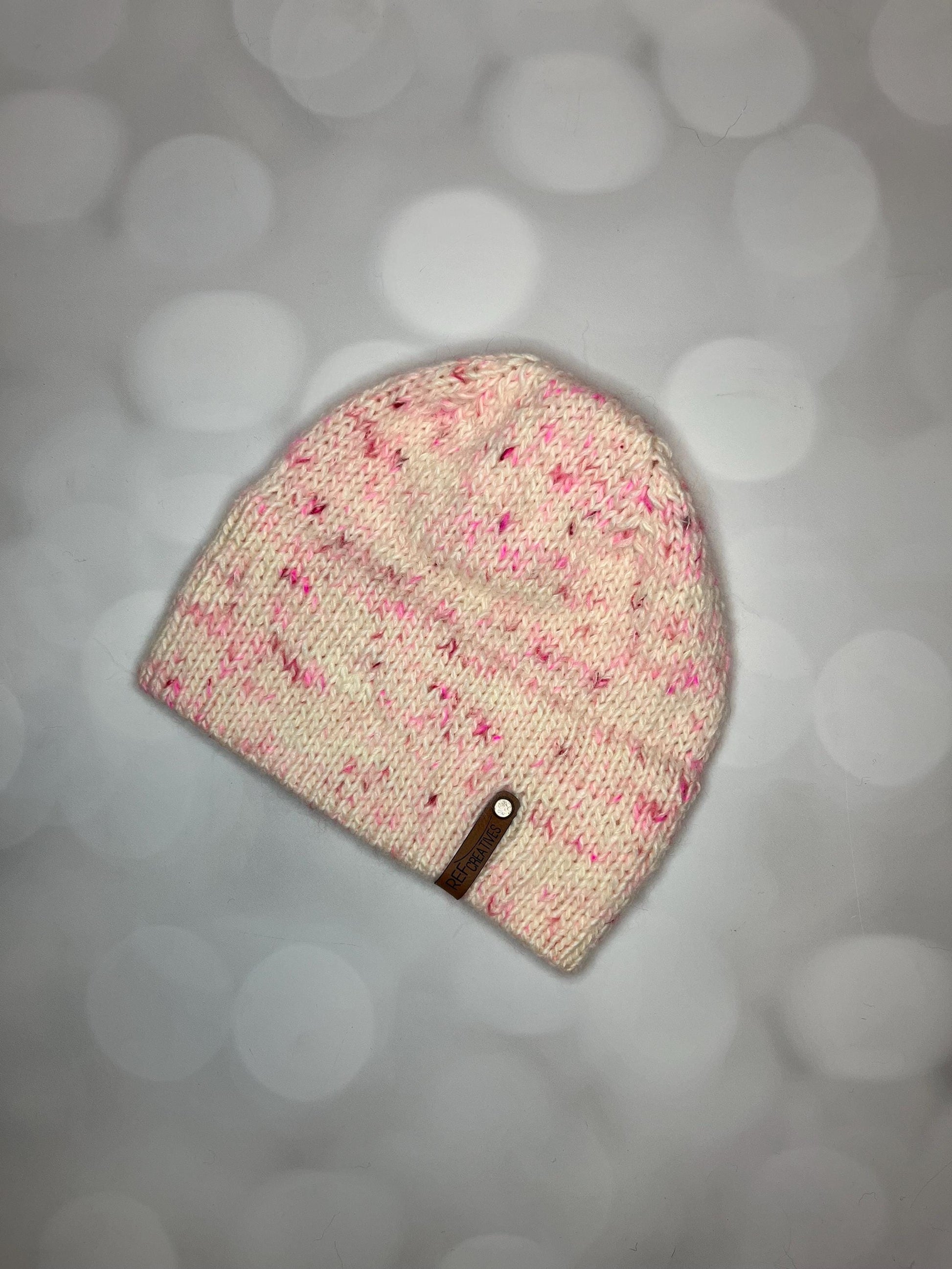 Luxury White and Pink Double Brim Merino Wool Beanie - Fuzzy Pink Speckled Hand Knit Hat with Hand Dyed Yarn