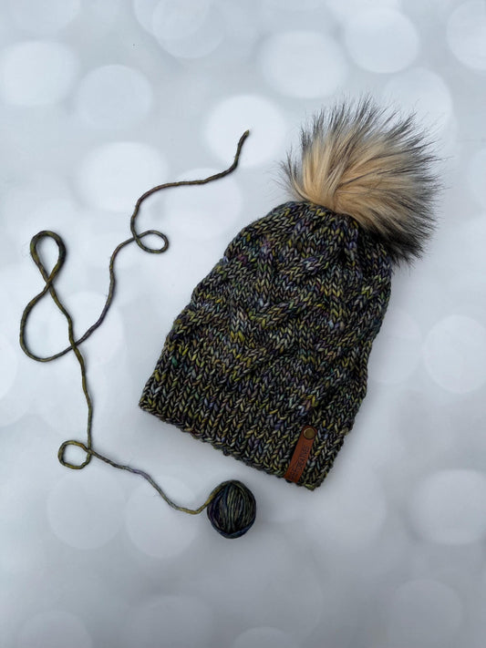 Luxury Green Cabled Merino Wool Knit Beanie - Creek and Gully Hand Knit Hat with Hand Dyed Yarn