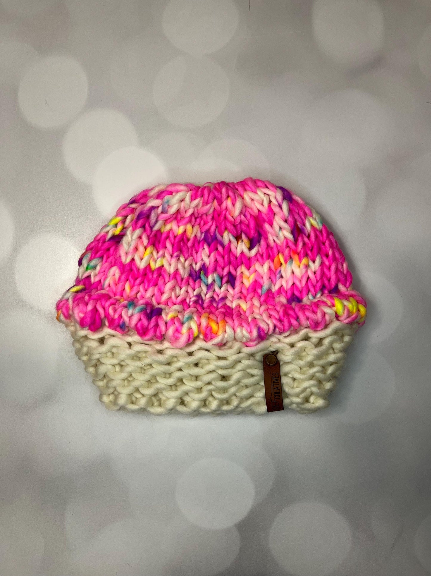 Luxury Pink Cupcake Merino Wool Beanie - Neon Hand Knit Hat with Hand Dyed Yarn