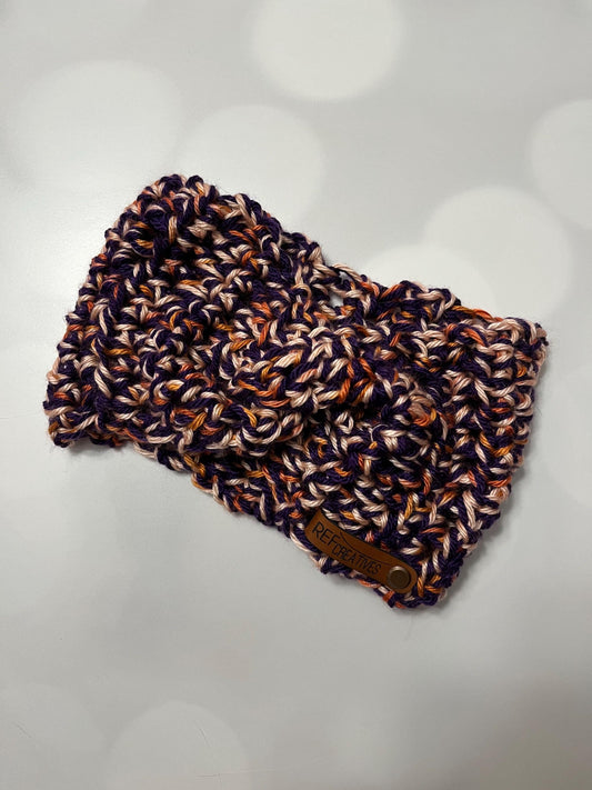 Purple and Coral Hand Crocheted Ear Warmer