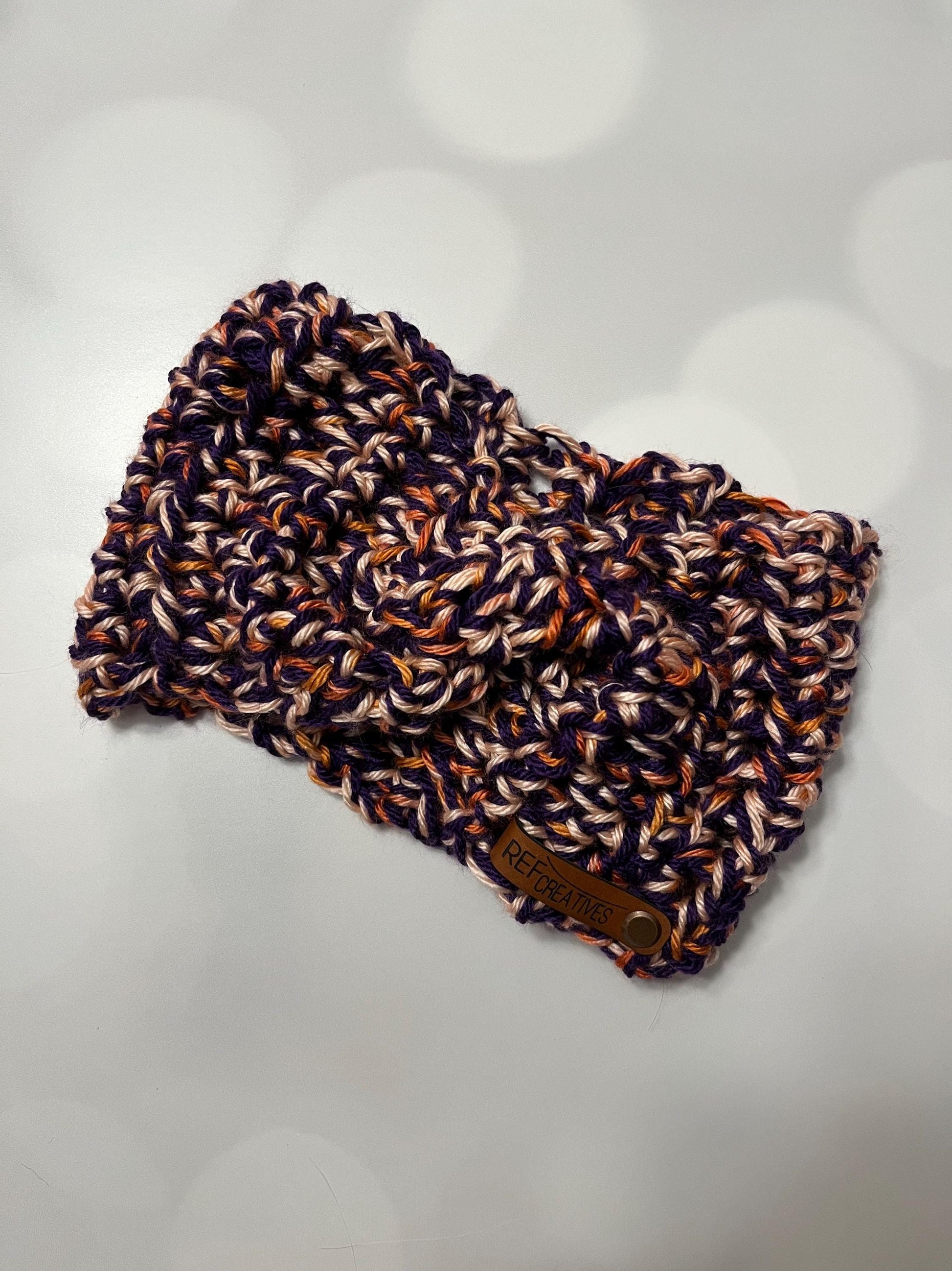 Purple and Coral Hand Crocheted Ear Warmer