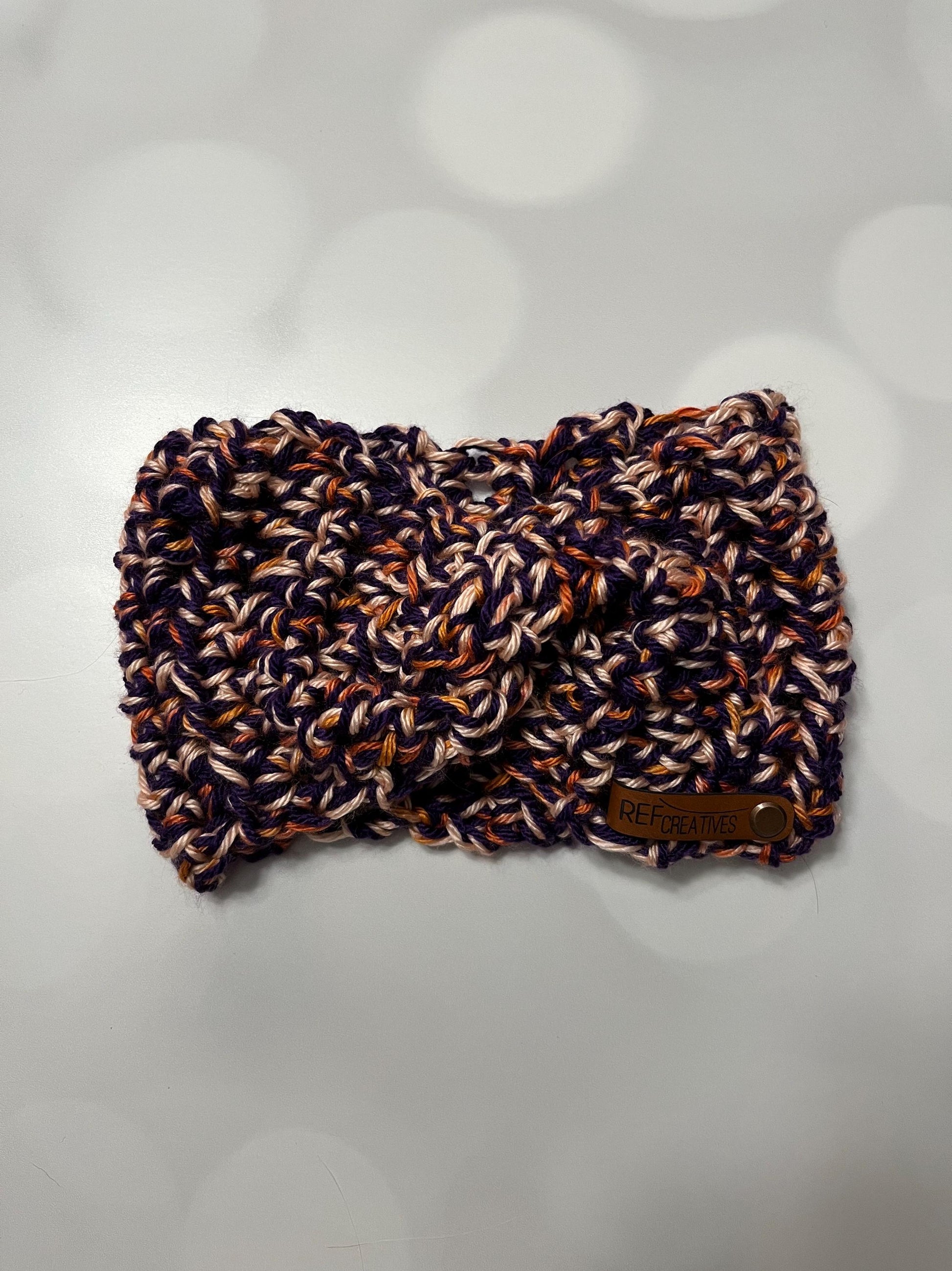 Purple and Coral Hand Crocheted Ear Warmer