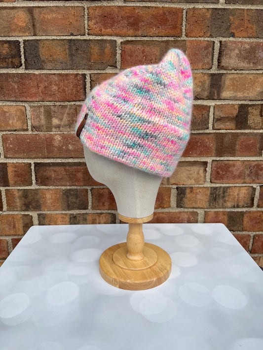 Luxury Pastel Brim Merino Wool Beanie - Fuzzy Pastel Beachy Colors Hand Knit Hat with Hand Dyed Yarn