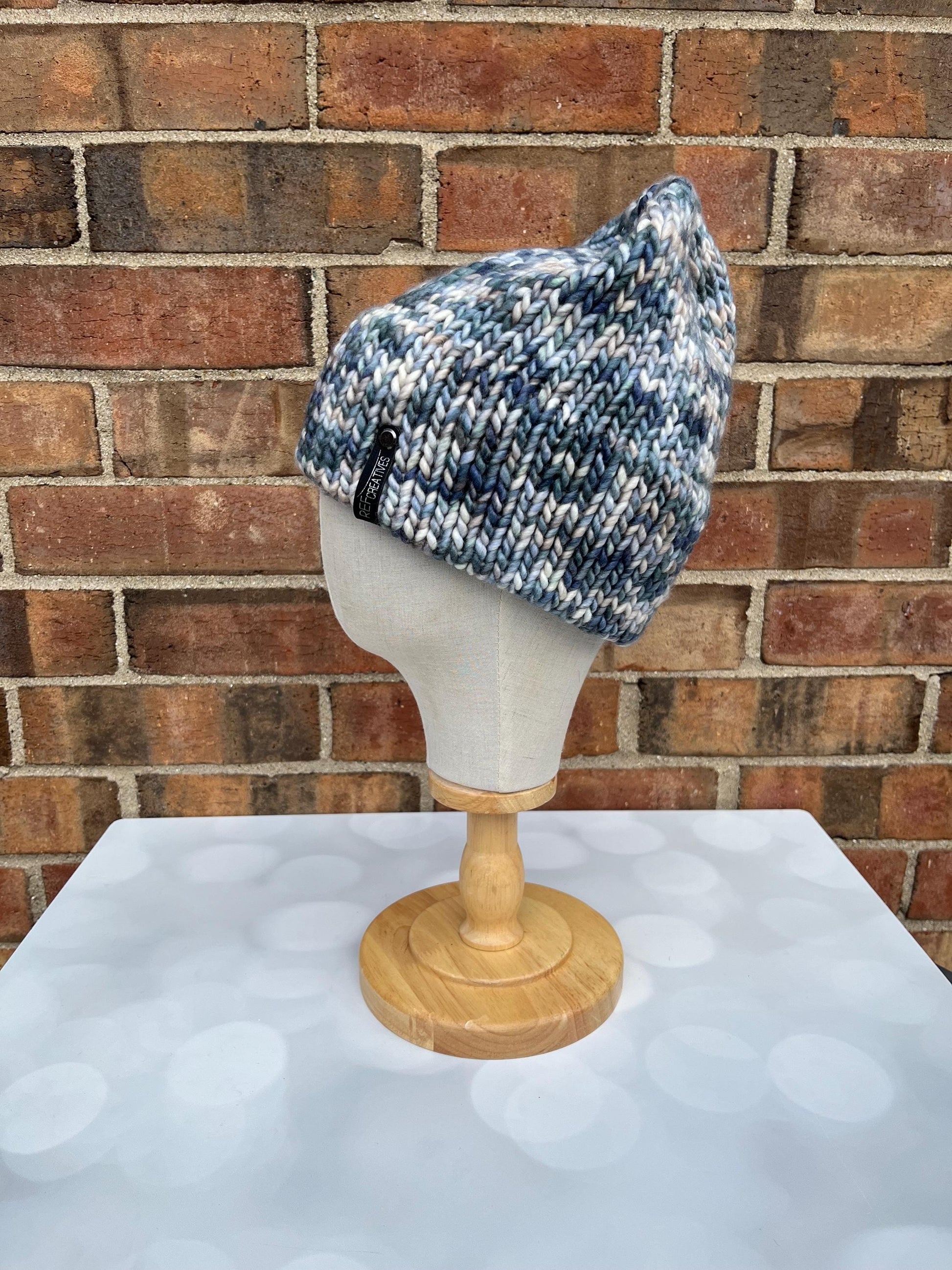 Luxury Muted Blue Green Grey Double Brim Merino Wool Beanie - Stormy Ocean Hand Knit Hat with Hand Dyed Yarn