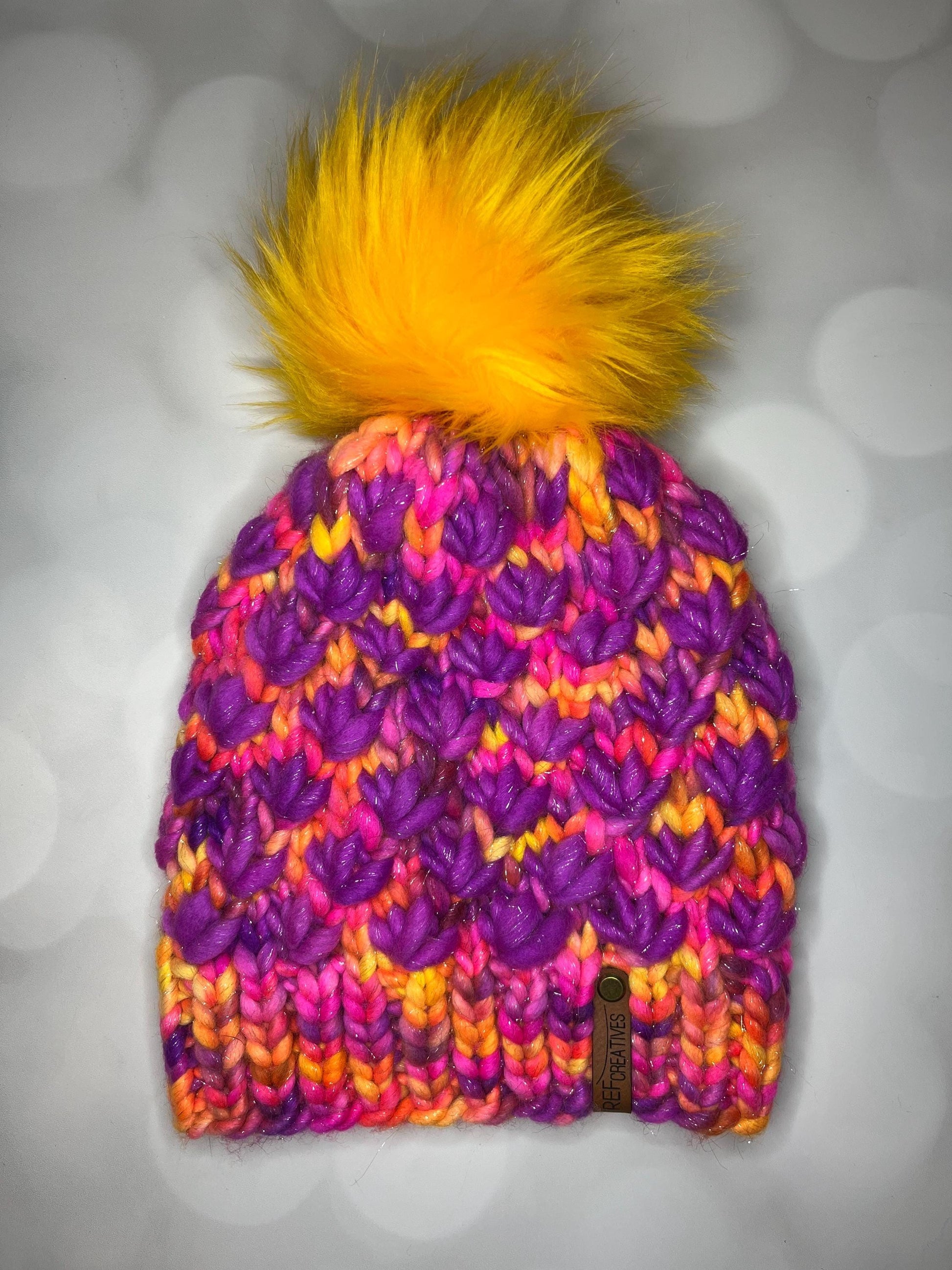 Luxury Purple Orange Sparkle Merino Wool Knit Hat - Neon Sunset Glitter Lotus Flower Beanie Hand Knit Hat with Hand Dyed Yarn