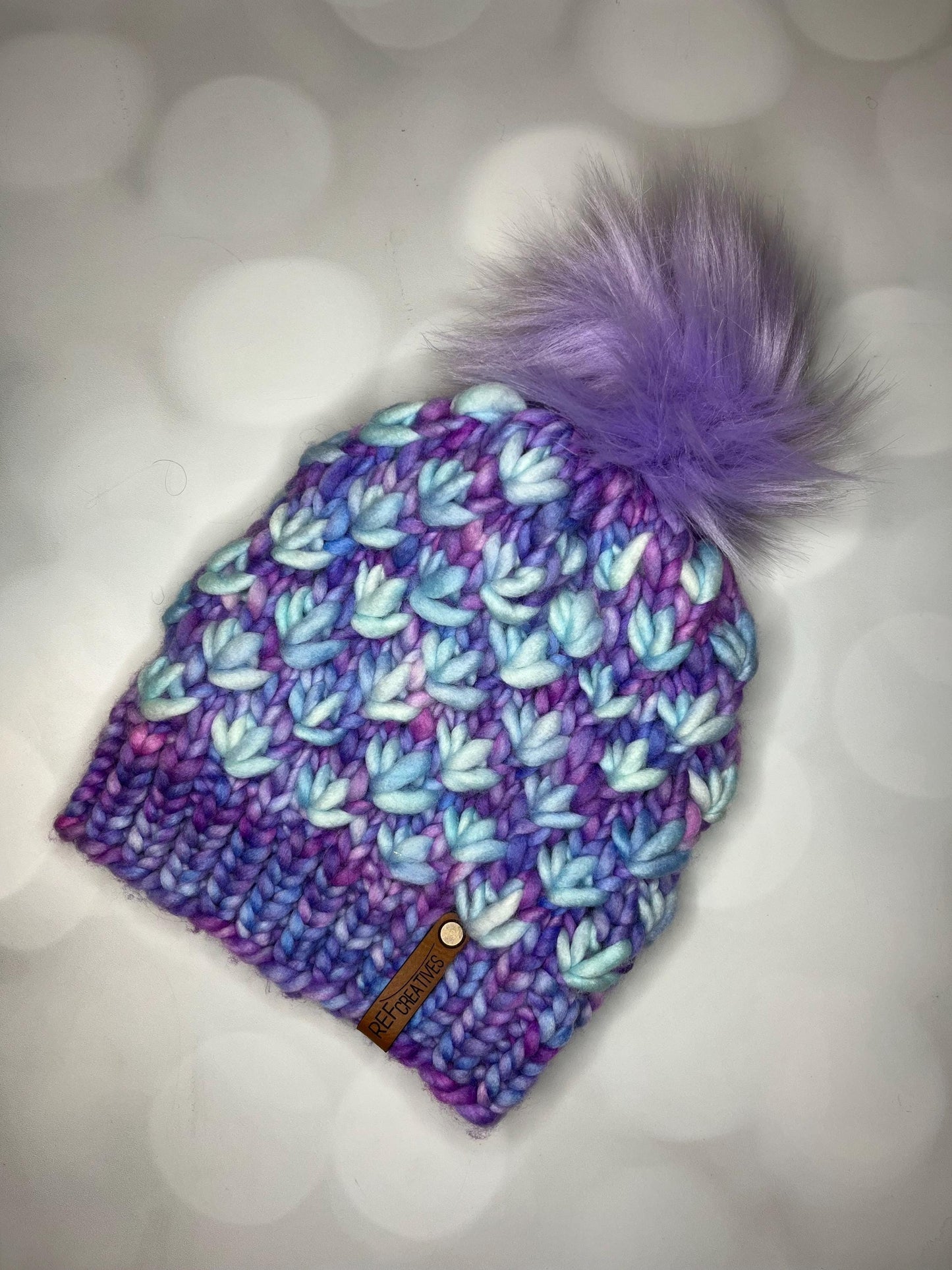 Luxury Purple Blue Merino Wool Knit Hat - Aquarius and Diamond Lotus Flower Beanie Hand Knit Hat with Hand Dyed Yarn