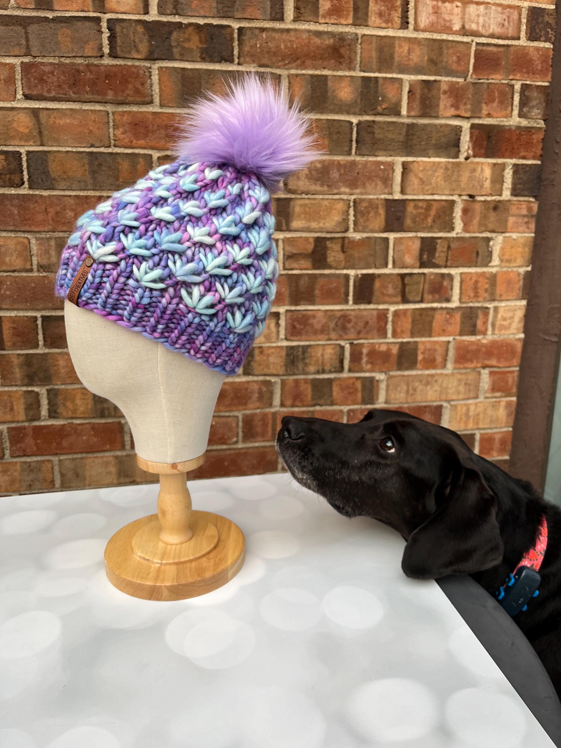 Luxury Purple Blue Merino Wool Knit Hat - Aquarius and Diamond Lotus Flower Beanie Hand Knit Hat with Hand Dyed Yarn