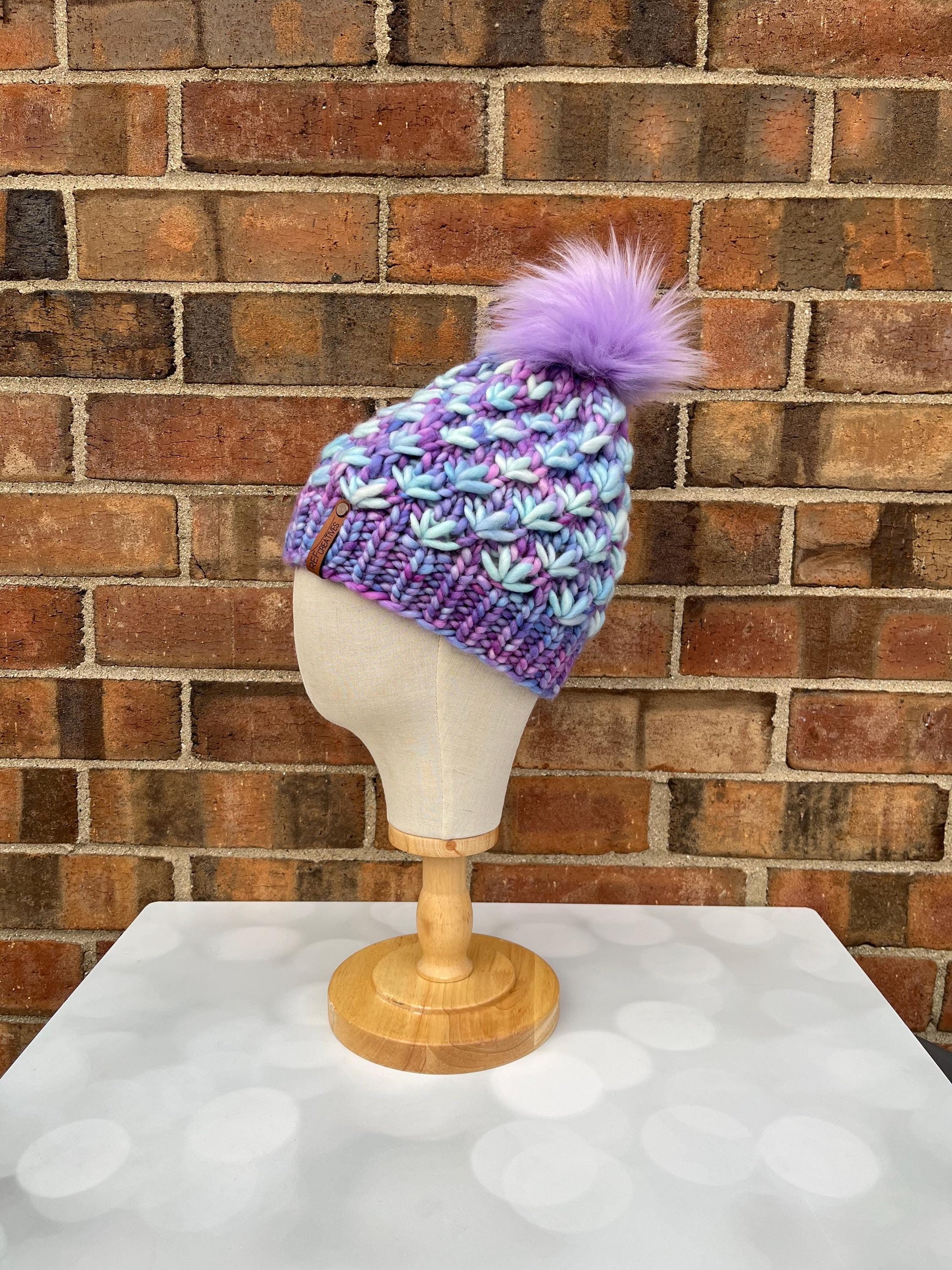 Luxury Purple Blue Merino Wool Knit Hat - Aquarius and Diamond Lotus Flower Beanie Hand Knit Hat with Hand Dyed Yarn