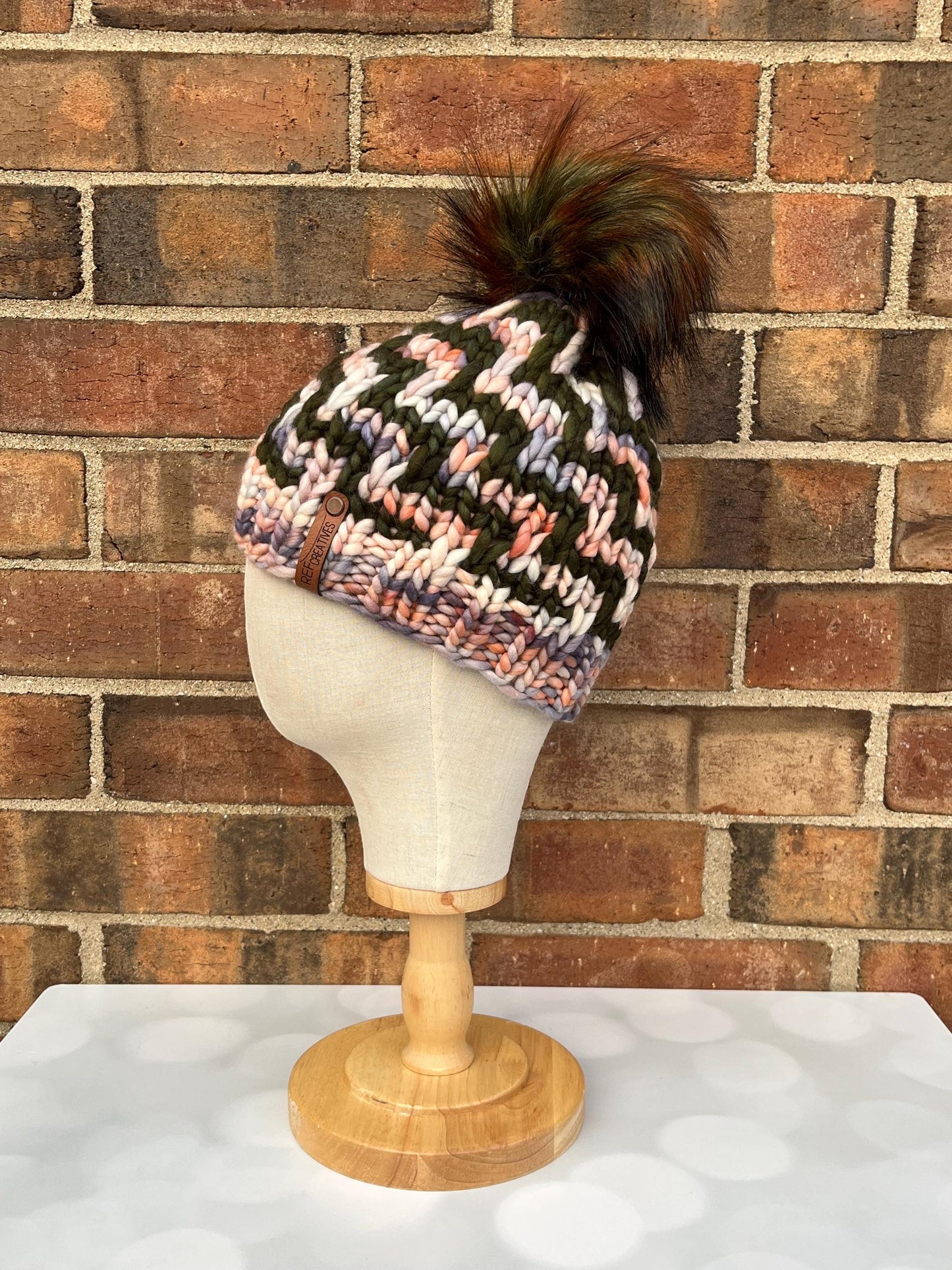 Luxury Olive Salmon Grey Merino Wool Knit Hat - Escalera Beanie Hand Knit Hat with Hand Dyed Yarn