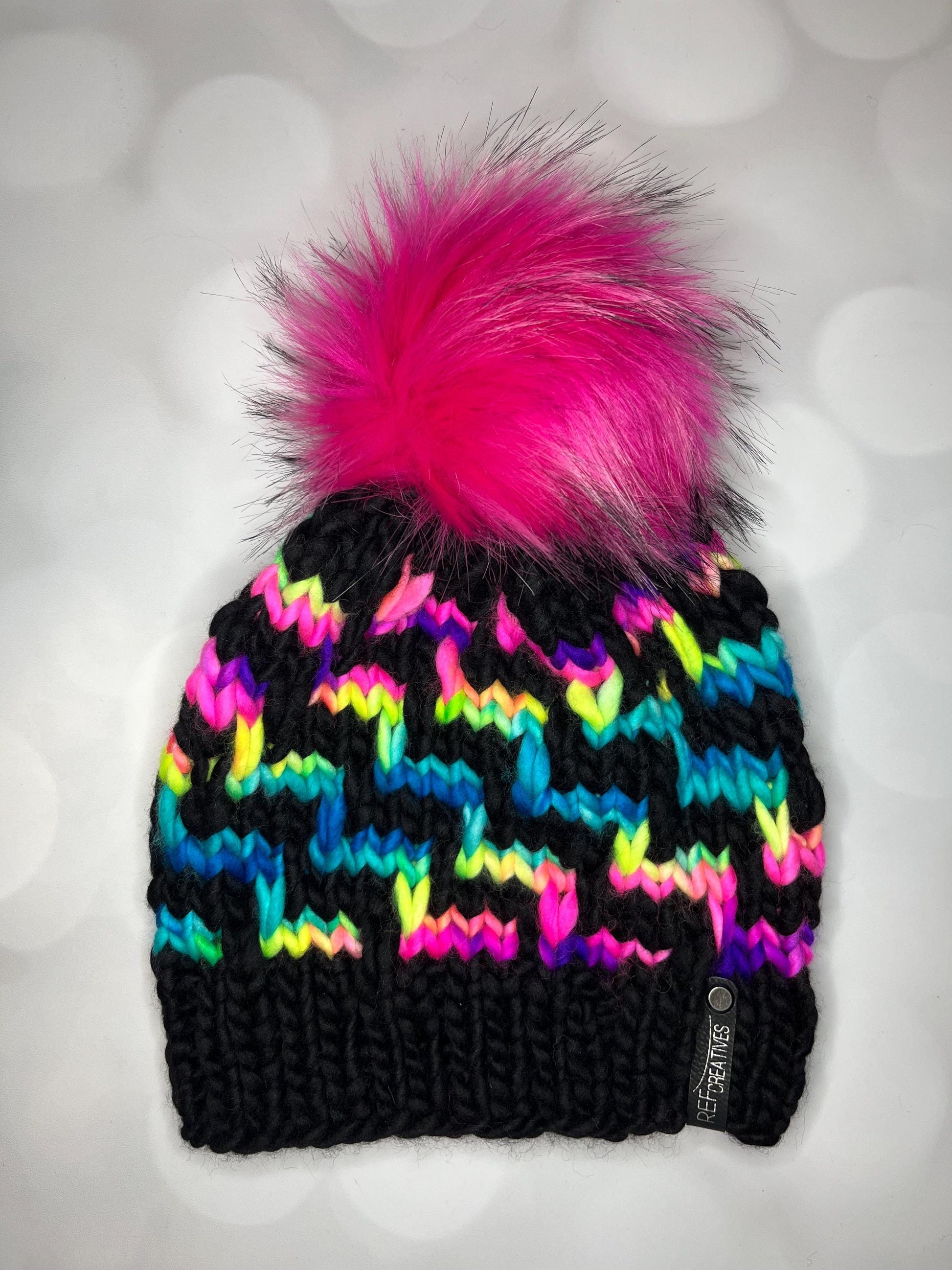 Luxury Black and Rainbow Merino Wool Knit Hat - Escalera Beanie Hand Knit Hat with Hand Dyed Yarn