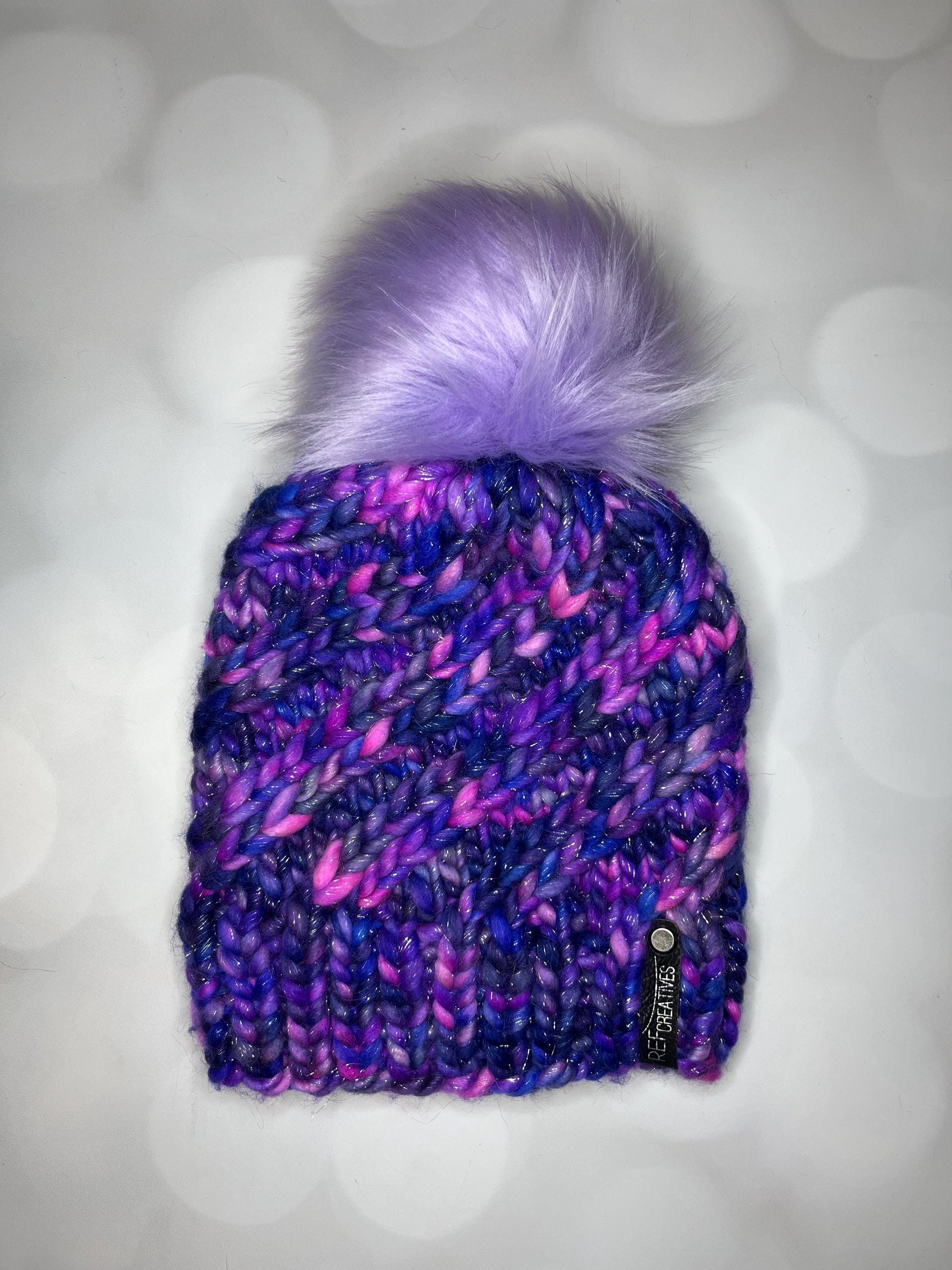 Luxury Celestial Sparkles Merino Wool Knit Hat - Purple Glitter Swirls Hand Knit Hat with Hand Dyed Yarn