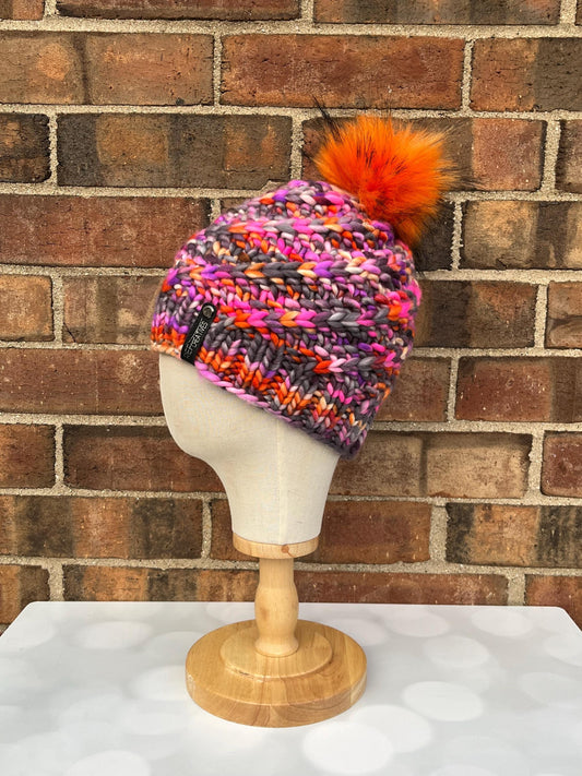 Luxury Grey Orange Pink Purple Merino Wool Knit Hat - Labradorite Swirls Hand Knit Hat with Hand Dyed Yarn