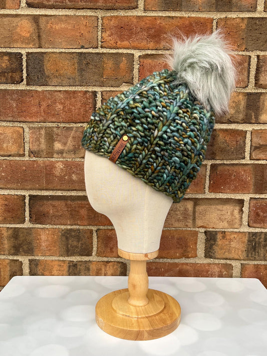Luxury Green Merino Wool Ribbed Knit Hat - Saratoga Beanie Hand Knit Hat with Hand Dyed Yarn