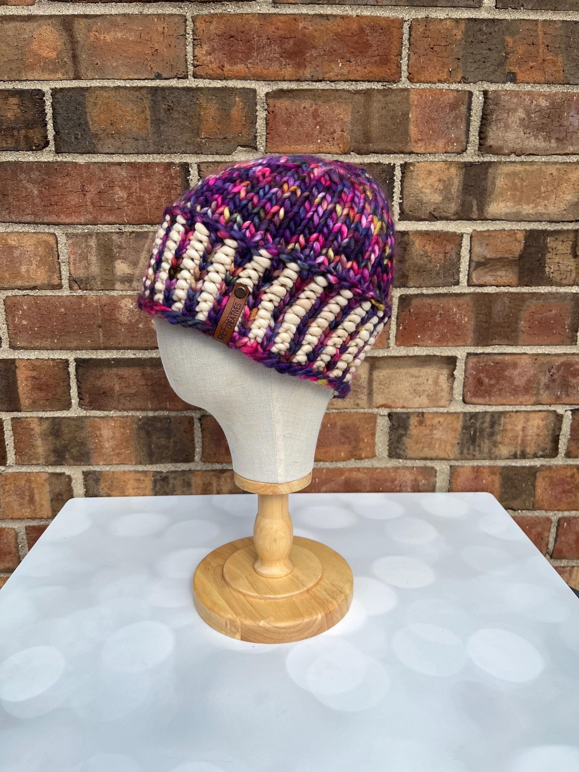 Luxury Purple Corrugated Ribbed Merino Wool Beanie - Rich Sunset Hand Knit Hat with Hand Dyed Yarn