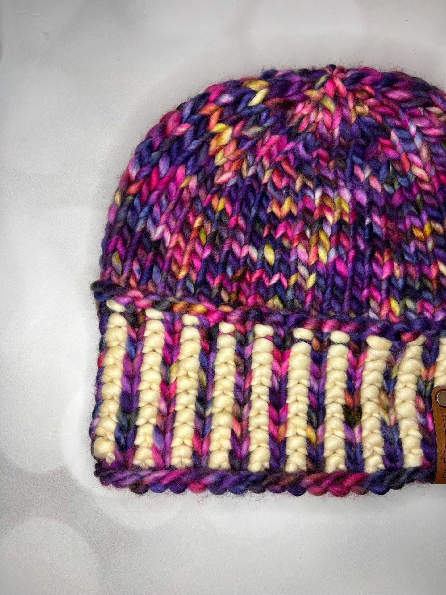 Luxury Purple Corrugated Ribbed Merino Wool Beanie - Rich Sunset Hand Knit Hat with Hand Dyed Yarn