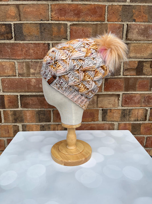 Luxury Feathertail Merino Wool Beanie - Bronze Silver Pink Hand Knit Hat with Hand Dyed Yarn