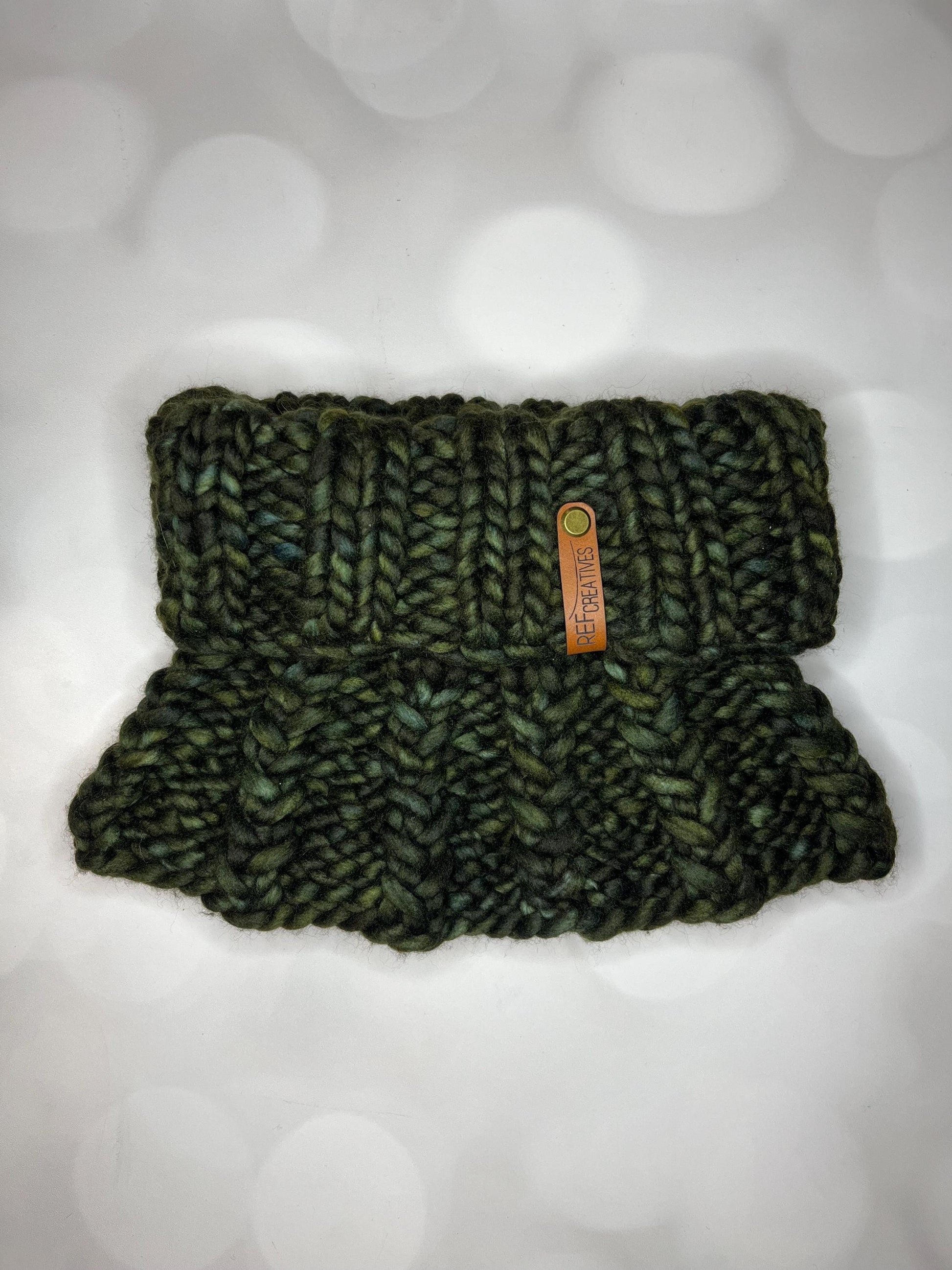Luxury Olive Folded Cuff Merino Wool Knit Neckwarmer - Hand Knit Cowl with Hand Dyed Yarn