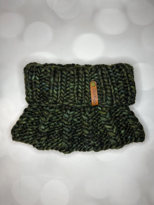 Luxury Olive Folded Cuff Merino Wool Knit Neckwarmer - Hand Knit Cowl with Hand Dyed Yarn