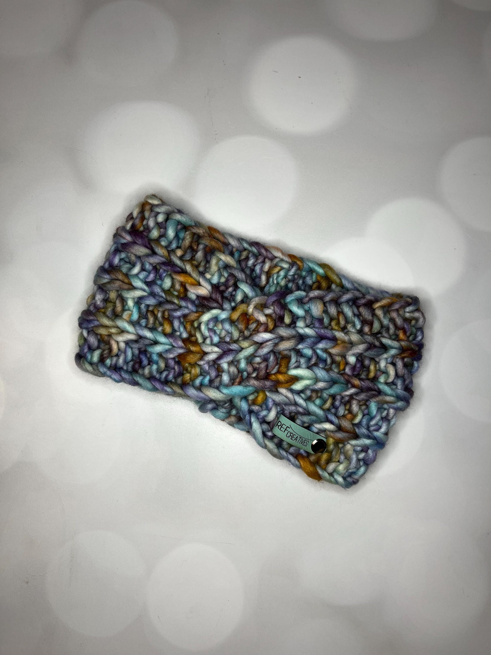 Luxury Blue Grey Gold Hand Knit Ear Warmer with Hand Dyed Yarn