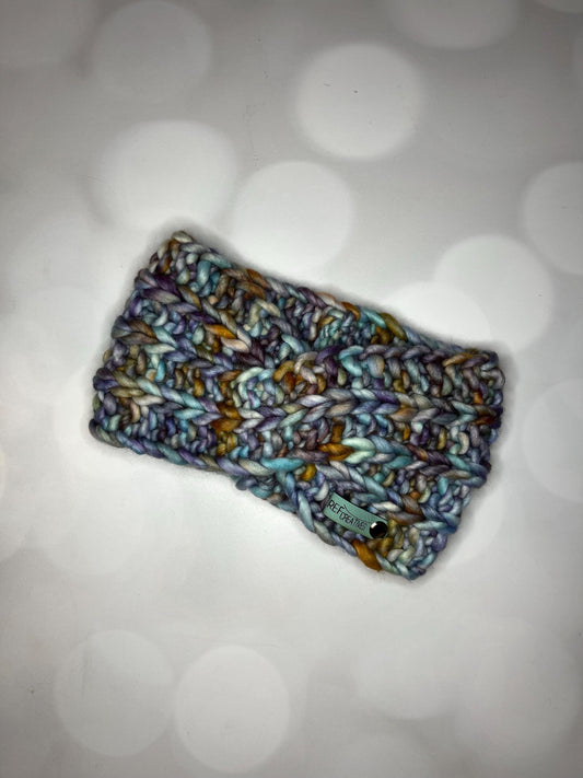 Luxury Blue Grey Gold Hand Knit Ear Warmer with Hand Dyed Yarn