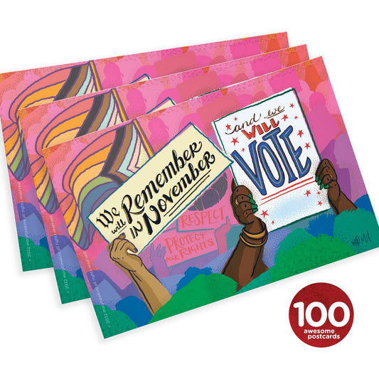 Mary Likes Postcards Set of 100 "We Will Remember in November" Pride postcards, perfect for Postcards to Voters & get out the vote campaigns