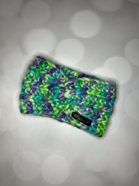 Luxury Sparkly Green Purple Aqua Hand Knit Ear Warmer with Hand Dyed Yarn