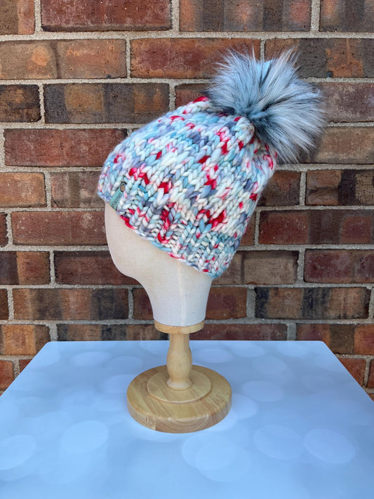Luxury White Blue Grey Red Merino Wool Knit Hat - Escalera Beanie Hand Knit Hat with Hand Dyed Yarn