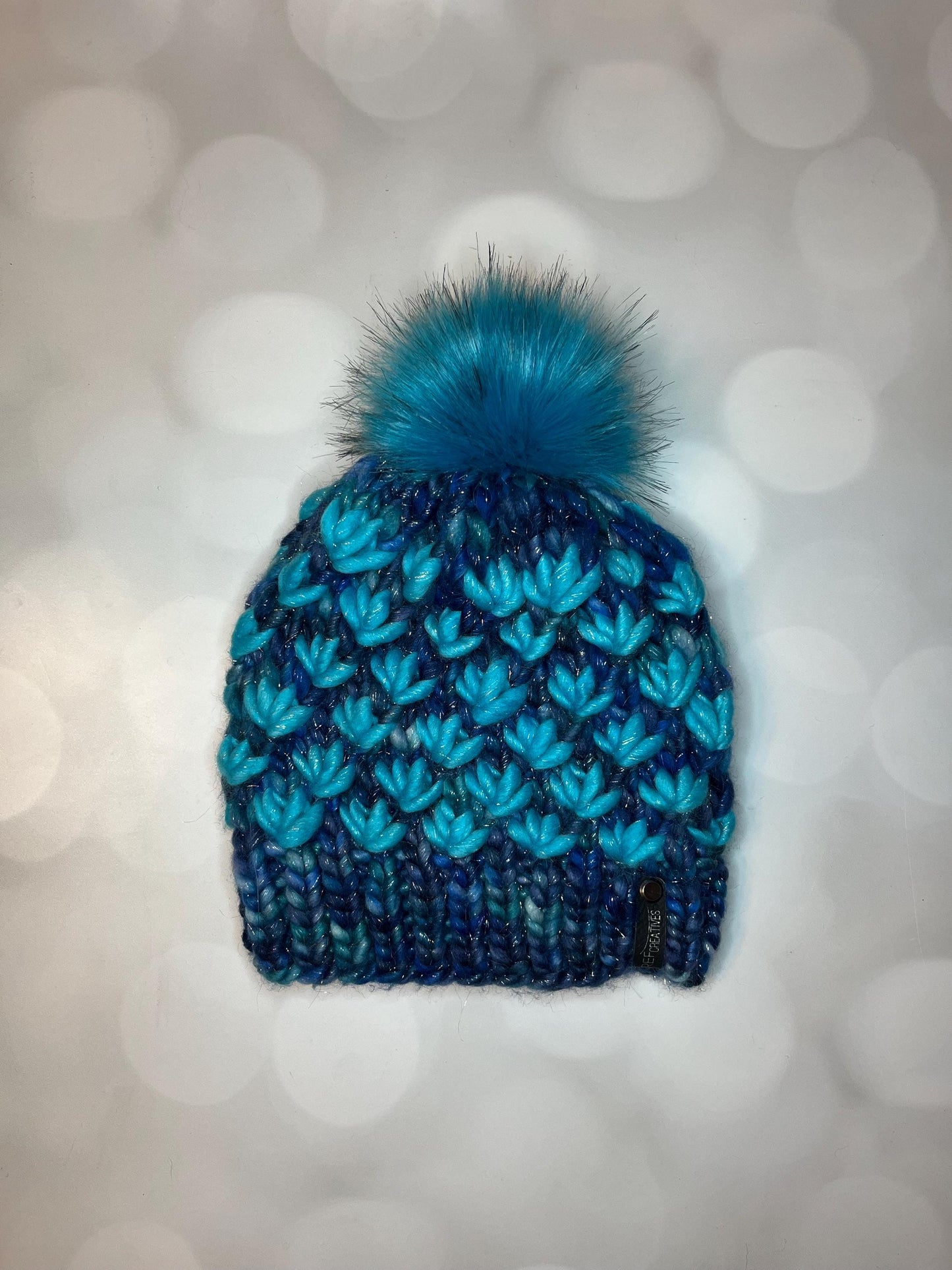 Luxury Blue Cyan Sparkle Merino Wool Knit Hat - Glitter Lotus Flower Beanie Hand Knit Hat with Hand Dyed Yarn