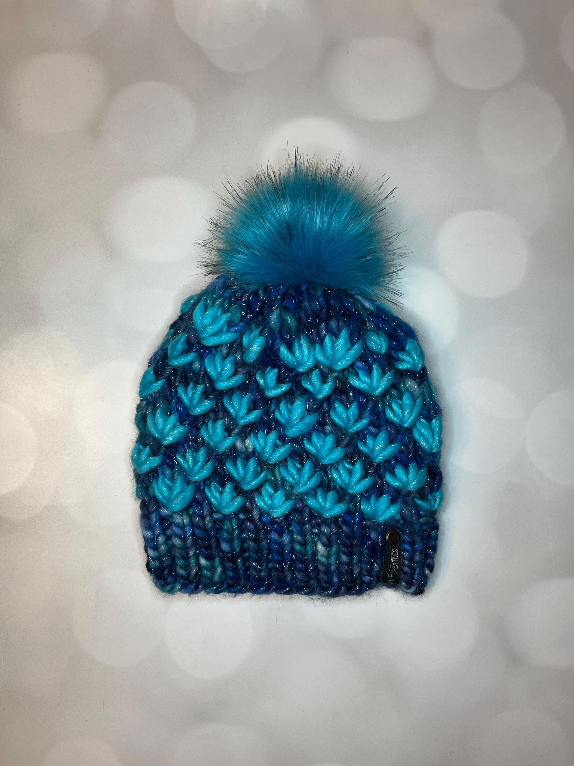 Luxury Blue Cyan Sparkle Merino Wool Knit Hat - Glitter Lotus Flower Beanie Hand Knit Hat with Hand Dyed Yarn