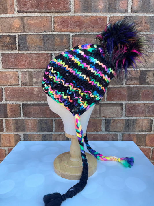 Luxury Black Neon Rainbow Split Brim Merino Wool Knit Hat - Bonnet Style Knit Hat with Hand Dyed Yarn