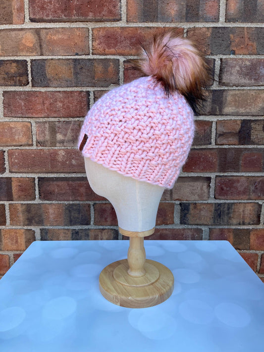 Luxury Pale Pink Merino Wool Beanie - Double Seed Stitch Hand Knit Hat with Hand Dyed Yarn