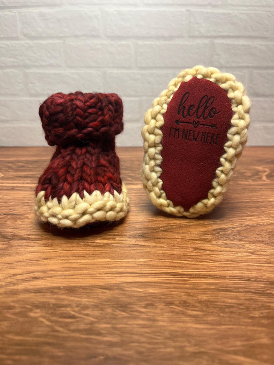 3-6 months - Luxury Red “Hello I’m New Here” Merino Wool Knit Baby Booties - Hand Knit Baby Booties with Hand Dyed Yarn