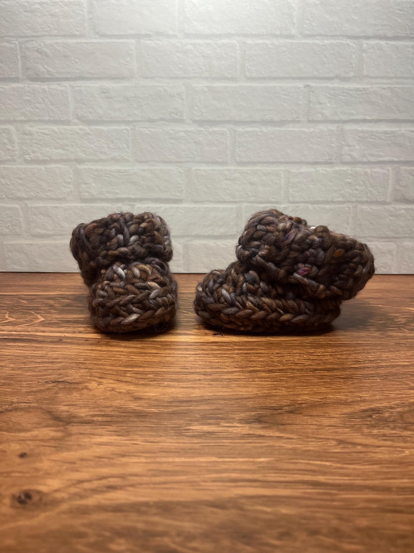 3-6 months - Luxury Brown “I’m Snow Cute” Merino Wool Crochet Baby Booties - Hand Crocheted Baby Booties with Hand Dyed Yarn