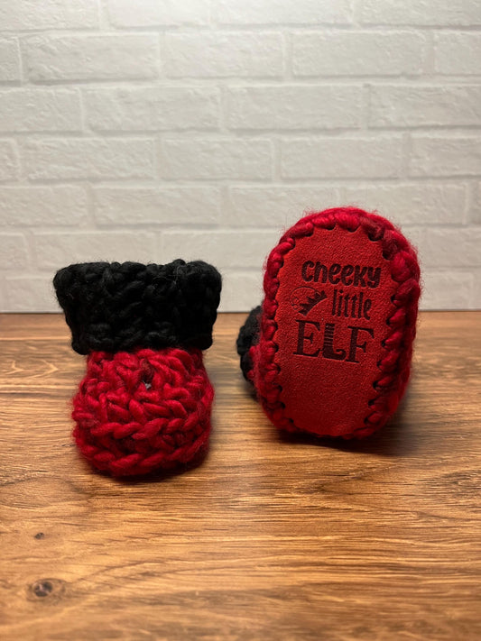 3-6 months - Luxury Red Black “Cheeky Little Elf” Merino Wool Crochet Baby Booties - Hand Crocheted Baby Booties with Hand Dyed Yarn