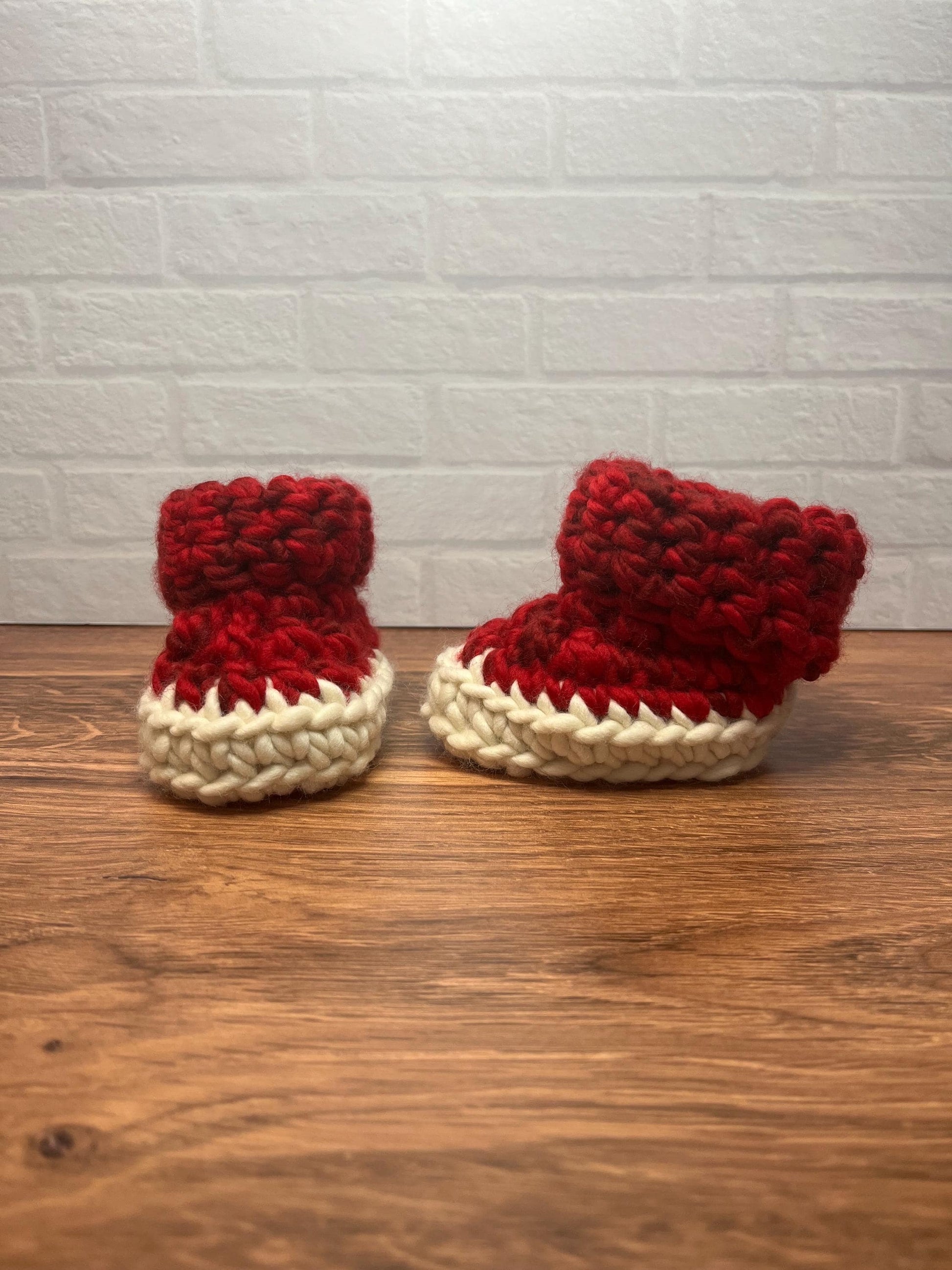 3-6 months - Luxury Red White “Santa’s Little Helper” Merino Wool Crochet Baby Booties - Hand Crocheted Baby Booties with Hand Dyed Yarn