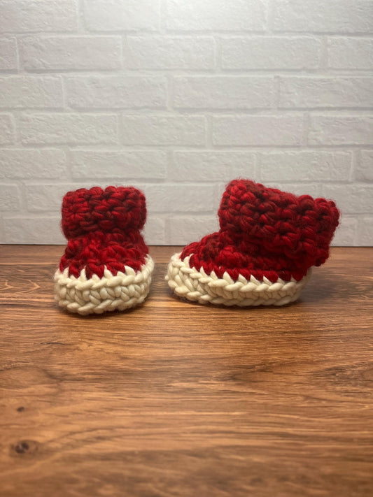 3-6 months - Luxury Red White “Santa’s Little Helper” Merino Wool Crochet Baby Booties - Hand Crocheted Baby Booties with Hand Dyed Yarn
