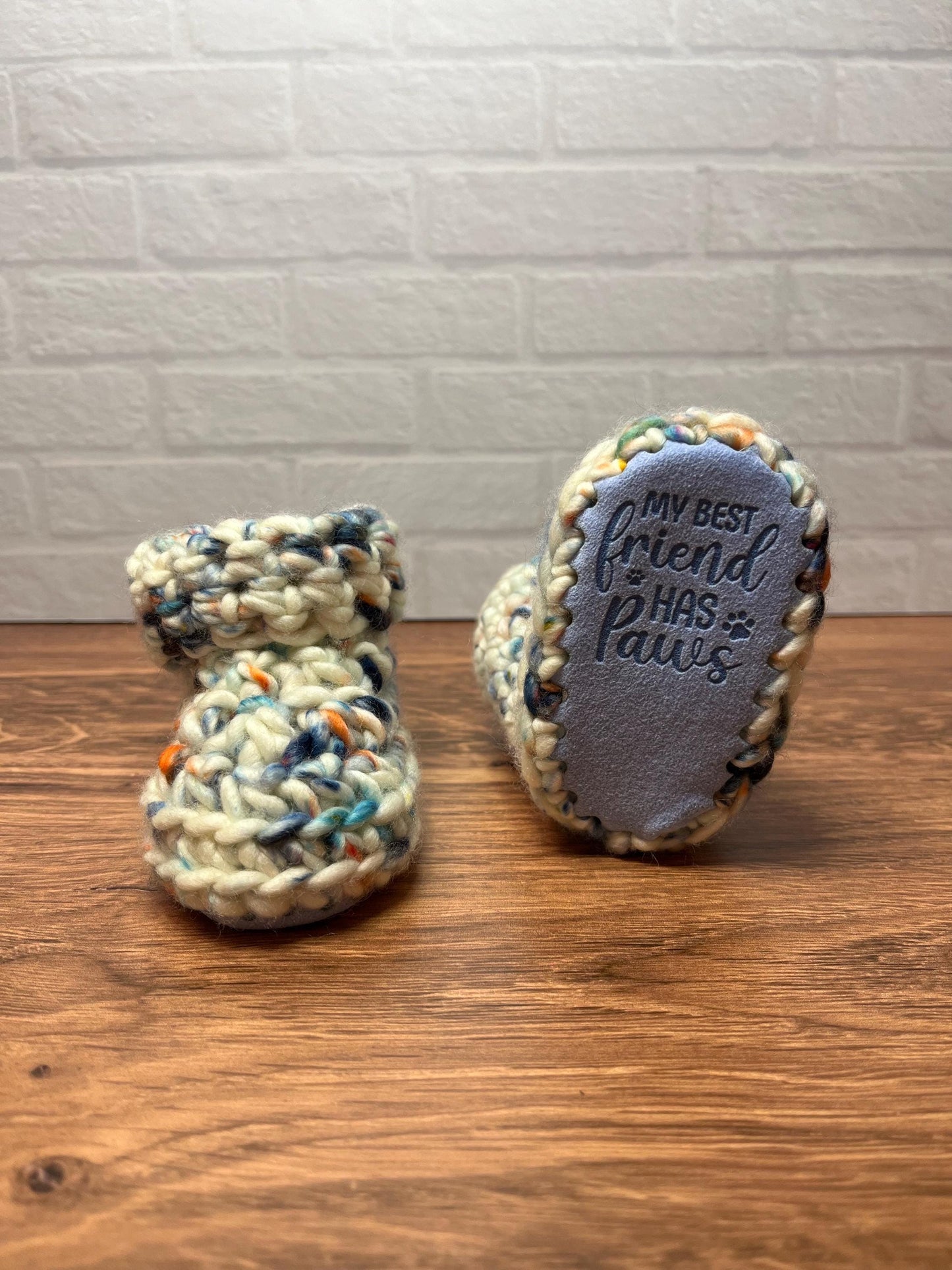 3-6 months - Luxury White Blue “My Best Friend Has Paws” Merino Wool Crochet Baby Booties - Hand Crocheted Baby Booties with Hand Dyed Yarn