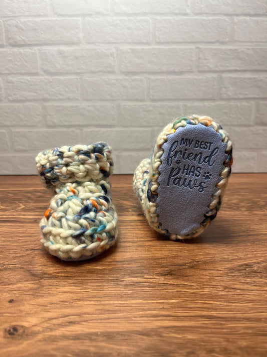 3-6 months - Luxury White Blue “My Best Friend Has Paws” Merino Wool Crochet Baby Booties - Hand Crocheted Baby Booties with Hand Dyed Yarn