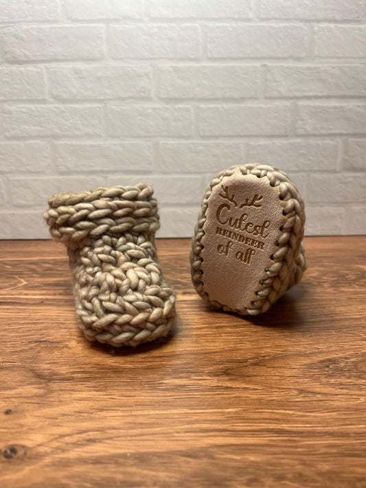 3-6 months - Luxury Beige “Cutest Reindeer of All” Merino Wool Crochet Baby Booties - Hand Crocheted Baby Booties with Hand Dyed Yarn